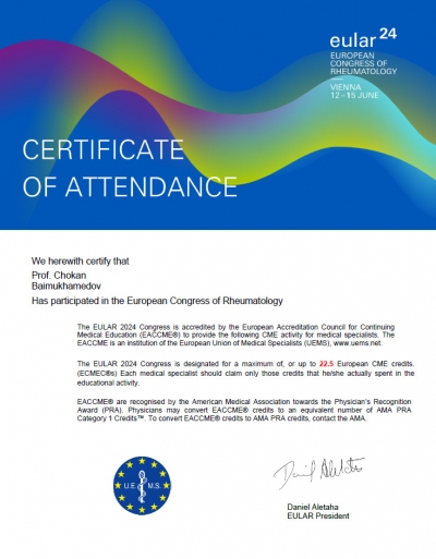 Профессор Чокан Баймухамедов принял участие с докладом «THE RISE OF RHEUMATOID ARTHRITIS» в ежегодном Конгрессе EULAR 2024 в г. Вене с 12 по 15 июня.